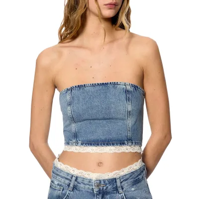 Summer Street Fashionable Denim Tops for Women Lace Denim Bandeau Top Sexy Blue Denim Tops