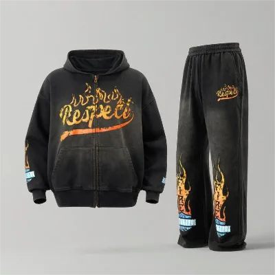 QUICKSHOW Streetwear 380 GSM Acid Wash Hoodies Jogger 2 Piece Men's Sets Sweatsuit Tracksuit Sweatpants Custom Tracksuit for Men