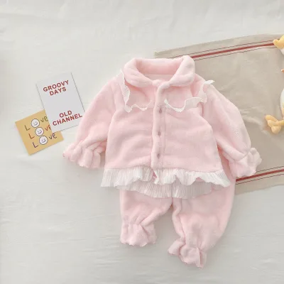 Wholesale New Designer Chinese Flannel Children'S Girls Family Winter Solid Nightwear Thick Sleepwear Pajama Set Two Piece