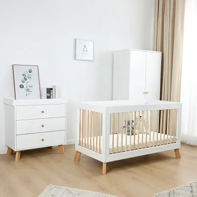 Nursery Furniture Wooden Baby Crib Cot and Bed Wtih 2 Door Wardrobe Clothes Organizer and Chest of Drawers