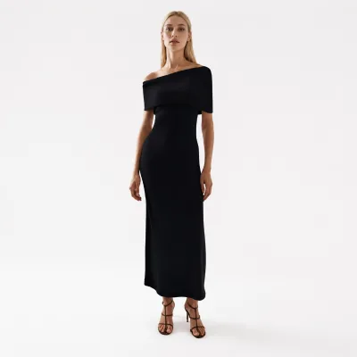 Custom Womens Black Ribbed Knit Maxi Dress Off Shoulder Short Sleeve Slim Fit Long Dress OEM ODM