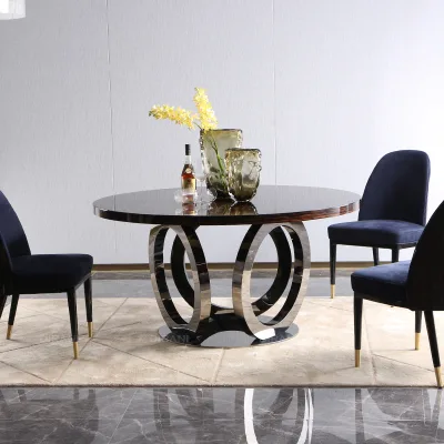 Black Dining Table and Chairs Set 6 Chairs Modern Luxury Wood Round Dining Table