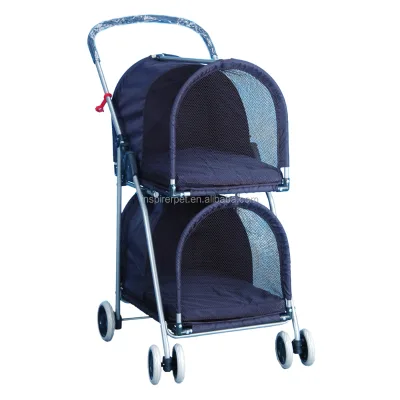 Blue Double Deck Pet Stroller 4 Wheel Foldable Twin Pet Stroller Two-Seater Carrier Strolling Cart