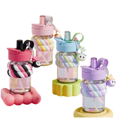 2025 New Cartoon Glass Double Drink Straw Cup Portable Large Capacity High Temperature Resistant for Boys and Girls