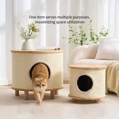 Sisal Multi-Purpose Cat Nest Cat Scratching Coffee Table with Stool for People and Pets Christmas