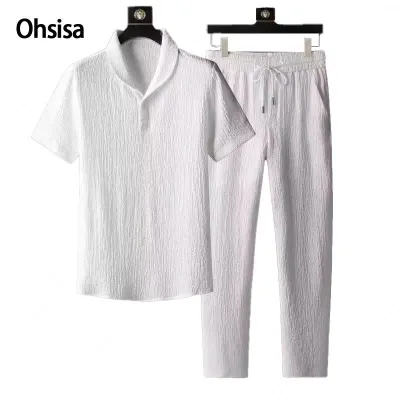 Summer Men 2 Piece Suits Short Sleeve Tops + Long Pants Solid Color Polo Lapel Collar Button Elastic Waist Trousers Tracksuit
