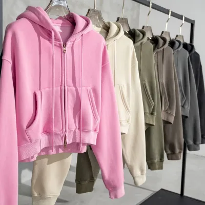 Wholesale Custom High Quality Cotton Fleece Women's Zipper Washed Hoodies & Sweatshirts Acid Washed Crop Top Women's Hoodies
