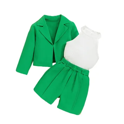 Cross-border Autumn Girls Fashionable Halterneck Inner Wear + Long-sleeved Suit Lapel Jacket + Shorts Set