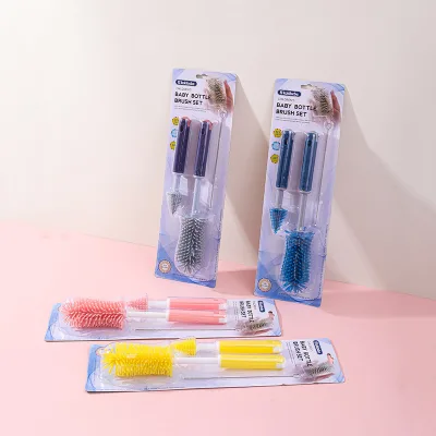 Cross-border Supply Baby Silicone Bottle Brush Straw Cup Brush Bottle Nipple Cleaning Brush 3-piece Set