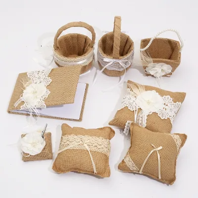 Burlap Ribbon Lace Ring Pillow Flower Basket Guest Book Pen Set for Wedding Decoration Bridal Product Supplies