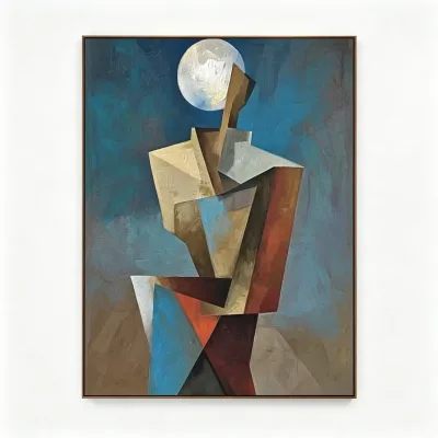 Vintage-Inspired Cubism Hand Painted Oil Painting Geometric Human Figure Moon Scenery Canvas Wall Art