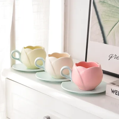 Wholesale Porcelain Tulip Mug Drinking Water Milk Ceramic Unique Flower Mugs American Style Coffee Mug and Saucer Party China