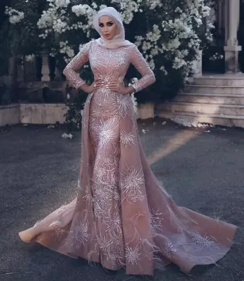 Full Beading Mermaid Muslim Winter 2 in 1 Wedding Dresses With Detachable Overskirt
