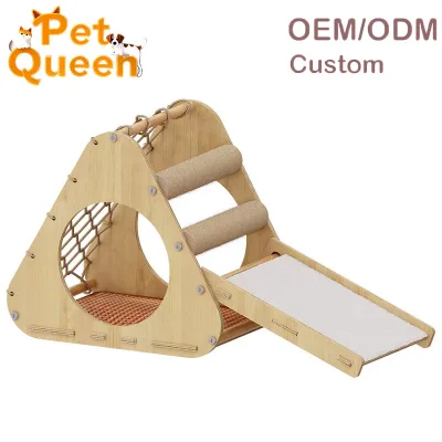 Customized Solid Wood Cat Bed with Integrated Scratching Board Triangle Climbing Net Sisal-Wear-Resistant-for Household Cats