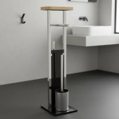 Black Toilet Brush and Paper Holder Stand Metal Square Modern Multifunctional Home Bathroom Accessory