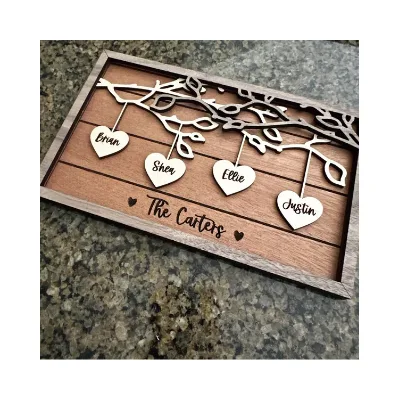 Personalized Wooden Family Tree Sign Hanging Hearts