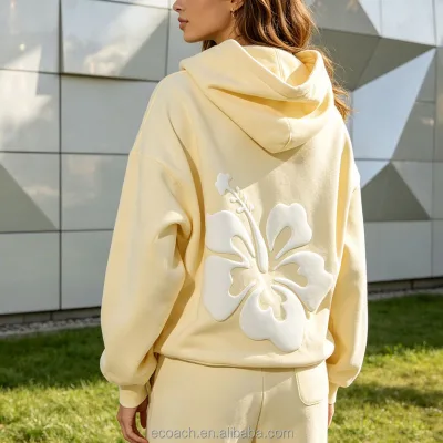 Oem Custom Womens Floral Puff Print Hoodie Luxury Sport Gym Pullover Heavyweight Soft Cotton Fleece Oversized Hoodie for Women