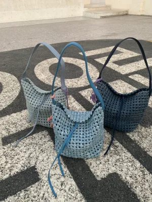 Multi-color Optional Handmade Pinwheel Woven Denim Shoulder Bag Women Single Strap Detachable Lace-up Pouch Large Capacity Daily