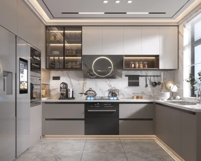 Modern White Kitchen Cupboards Stainless Steel Cabinets Custom Quartz Stone Home Furniture Full Set Italian Cabinetry