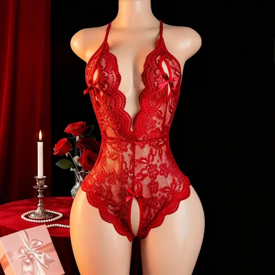 New Style Plus-size One-piece Lace Thin Jumpsuit Open-crotch No-removal Tight Seductive Lingerie European American