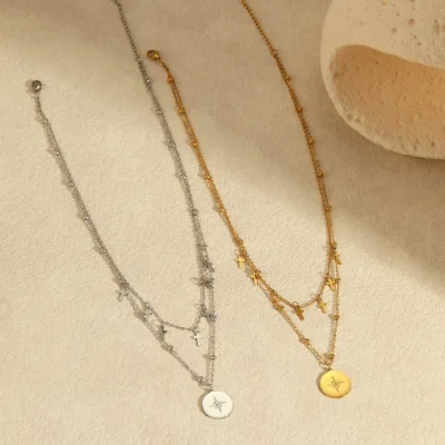 Vintage Stainless Steel Double Layer Round Plate Star Cross Anti Tarnish Fashion Layered Necklaces