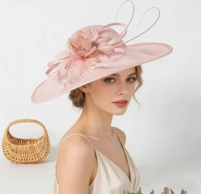 2026 New Summer Wide-Brimmed Hemp Linen Hat for Women British Elegant Retro Headwear Church Hats with Feather Flower