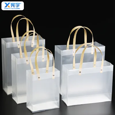 Luxury Transparent Frosted PP Tote Bag Custom Logo Recycled Materials Hot Stamping Punching Handle for Shopping Gift Cosmetics