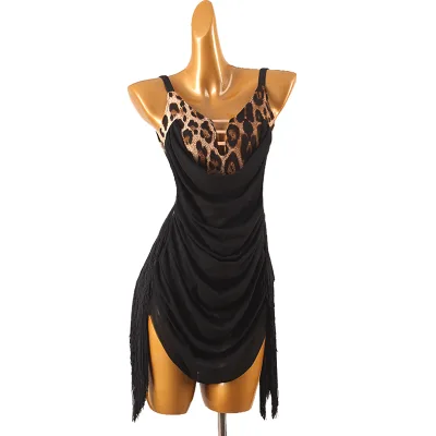 High-end Ballroom Latin Dance Dress Performance Competition Costume Leopard Print Tassel Denim Dance Dress