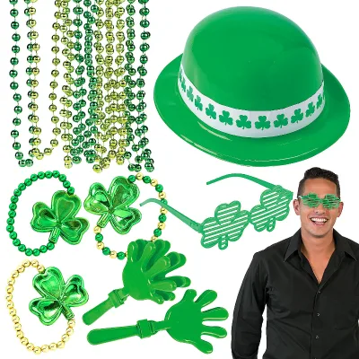St Patrick's Day Party Costume Accessorie Green Clover Hat Beaded Glasses Clappers Necklace