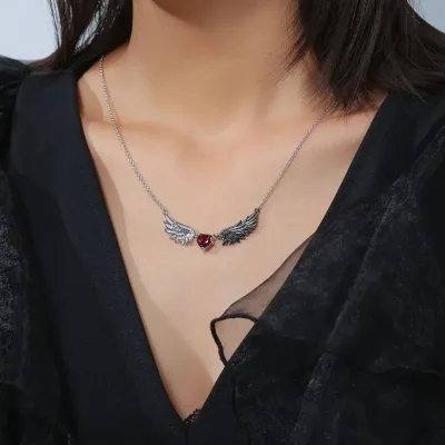 Gothic Angel Wings Devil Wings Pendant Necklace Heart Zircon Necklace