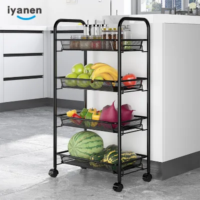 Best Price Movable Home Kitchen Bathroom White Black Racking Organizer 4 Tier Basket Stand Trolley Rolling Storage Cart Shelf