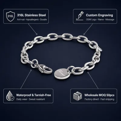 Personalized Forever Engraved Round Charm Rope Twist Oval Link Chain Bracelet Stainless Steel Waterproof OEM Wholesale