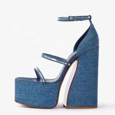 Mixed Rhinestone Denim Sandals Thick High Heel Thick Platform Summer Women's Dress Shoes Ankle Buckles Blue Pumps