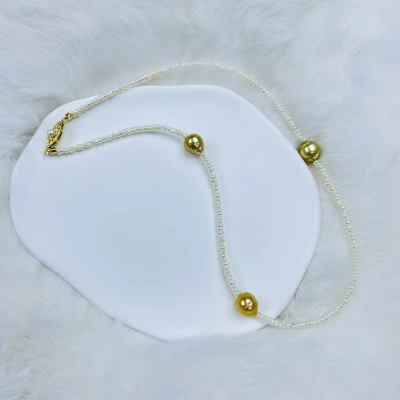 Natural Gold Saltwater Pearl 3mm Keshi Pearl Necklace