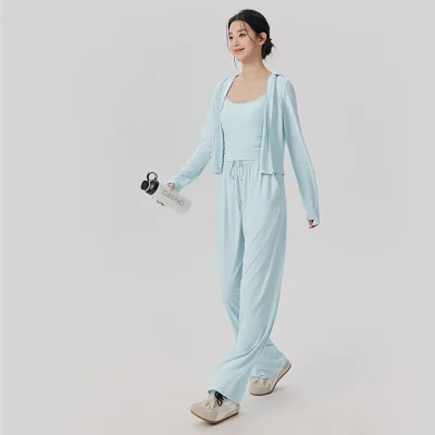 Women Cooling Sun Block Yoga Outfit 3 in 1 Hooded Jacket Padded Tank Top Wide Leg Pants Outdoor Fitness Sets