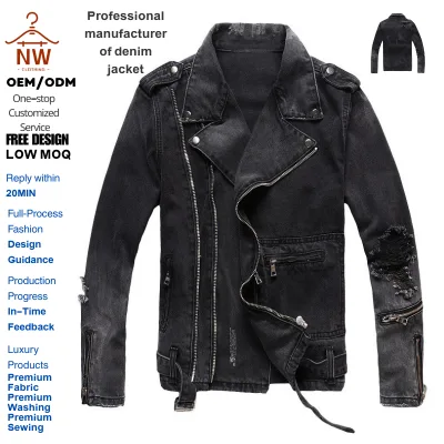 Autumn Winter Men's Casual Punk Slim Fit Black Denim Jacket Vintage Embroidered Distressed Motorbike Jacket for Young Riders