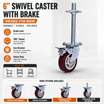 6 Inch Threaded Stem Swivel Caster With Brake Iron Bracket for Industrial Cart and Material Handling