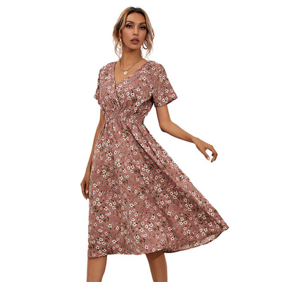 New Europe Summer Women V-neck Floral Short Sleeve Irregular Hem Long Dress Beach Ladies Fashion A-line Casual Beach Dress