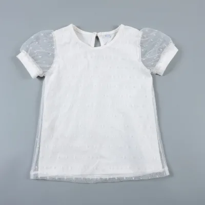 Adorable Girls Retro Floral Flare Pants Set with White Mesh Puff Sleeve Top Stylish Daily Wear for Playtime
