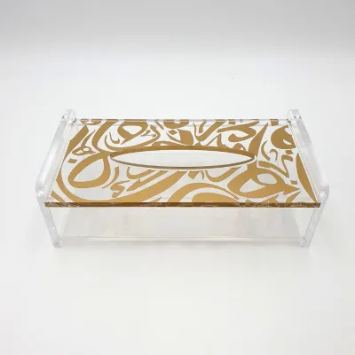 Custom Gold UV Printed Arabic Pattern Clear Acrylic Tissue Box Luxury Desktop Napkin Holder