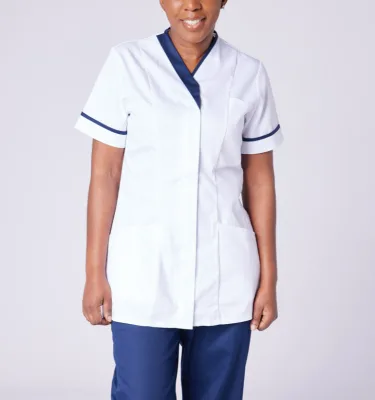 Custom Unisex Short Sleeve Housekeeping Uniform Logo Hotel Cleaning Staff Contrast V-Neck Tunic Zip Fasten Polyester/Cotton