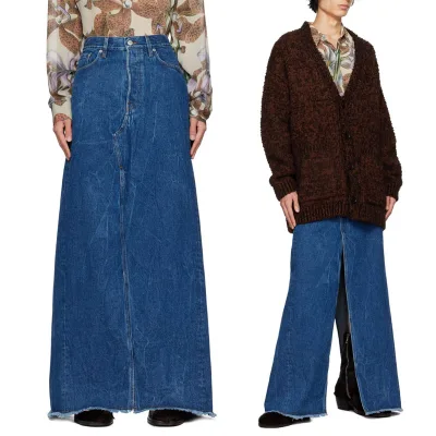 Denim Long Skirt Non-stretch Fading Straight Jean Maxi Skirt Low Waist Full Length Casual Waterproof Breathable for Lady