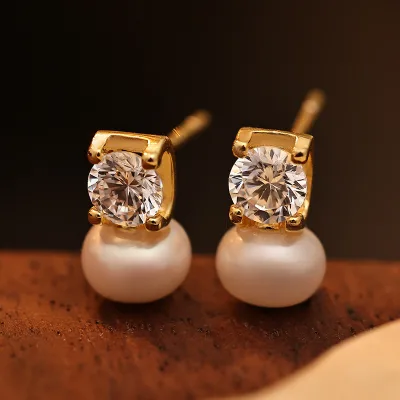 Cube Sugar Zircon Small Stud Fine 925 Sterling Silver Pearls Earrings Women Jewelry