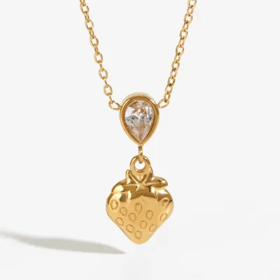 Tarnish Free Waterproof Gold Plated Stainless Steel Necklace Resistant Hypoallergenic Strawberry Zirconia Pendant Adjustable Fit
