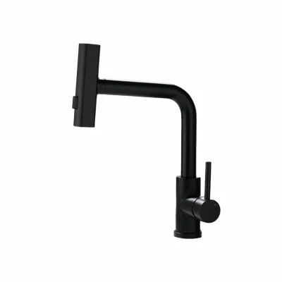 Matte Black Pull Down Kitchen Faucet High Arc 90 Degree L Shape Spout Rectangular Spray Head Side Lever Single Hole Deck Mount