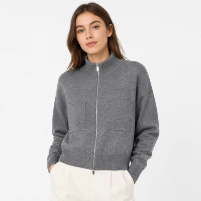 Custom Womens Grey Knit Zip Up Cardigan Stand Collar Long Sleeve Patch Pocket Sweater Jacket