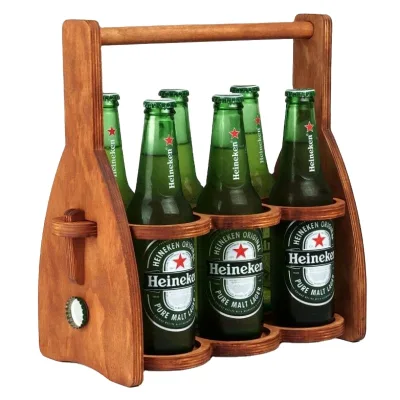 Wooden Beer Carrier Basket Tote, 6-Bottle Beer Caddy Organizer Gift for Men Dad Beer Lover