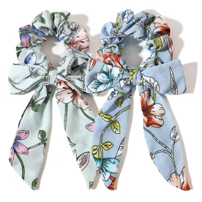 Custom Printing Women Elastic Satin Hair Tie Bow Floral Hair Scrunchies With Ribbon
