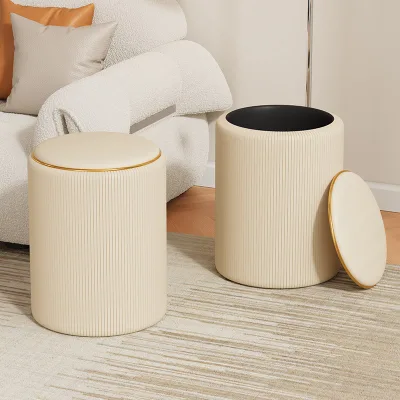 Modern Simple Cream Style Wood Round Makeup Stool with Leather Upholstery Low Storage Stool for Bedroom Dressing Table
