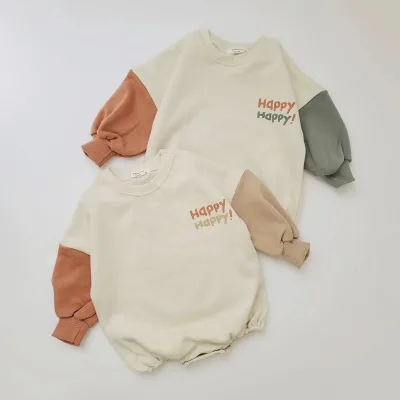 Baby Fashion Patchwork Loose Bodysuit Kid Boy Autumn New Cotton Jumpsuit Girl Simple Letter Print One Piece Baby Outfits